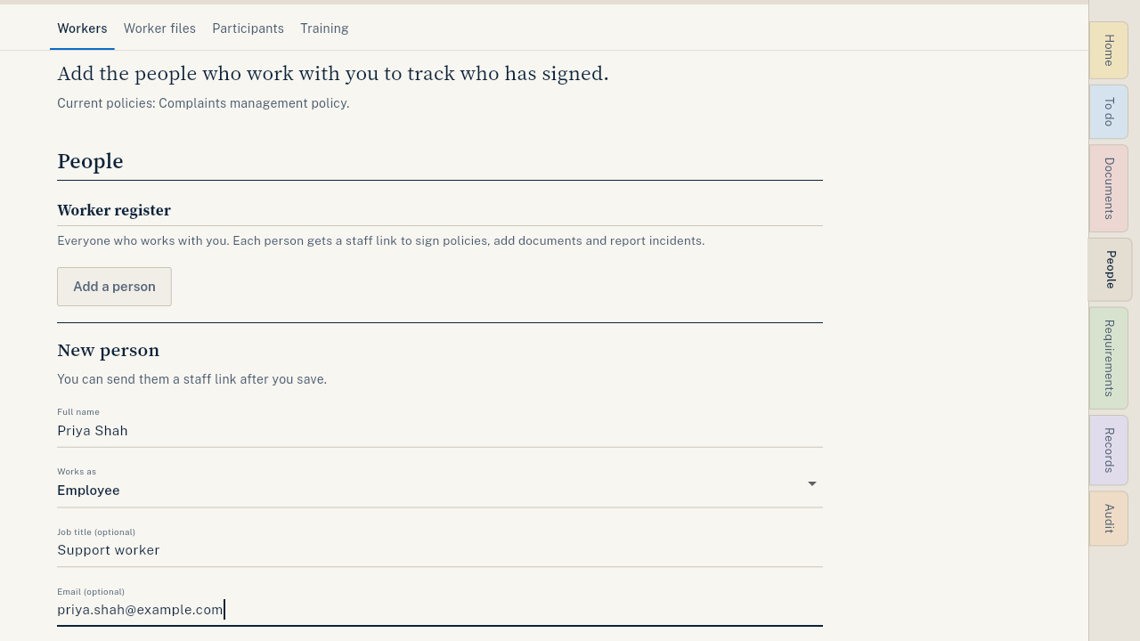 Adding a person to the worker register